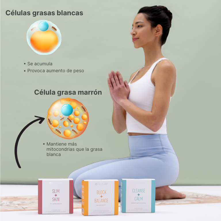 Image of woman doing yoga pose next to NeoraFit Set. Illustrations of white fat lipids and brown fat lipids 